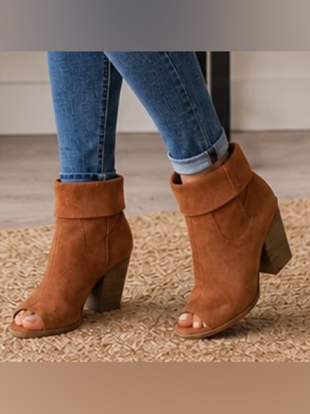 POP Shawnee Cognac Peep Toe Block Heel Ankle Booties Women’s Size 9M